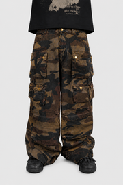 German Wasteland Camouflage Cargo Pants product gallery image 1 showing the oversized baggy fit, washed camouflage fabric, utility cargo pockets and streetwear construction details