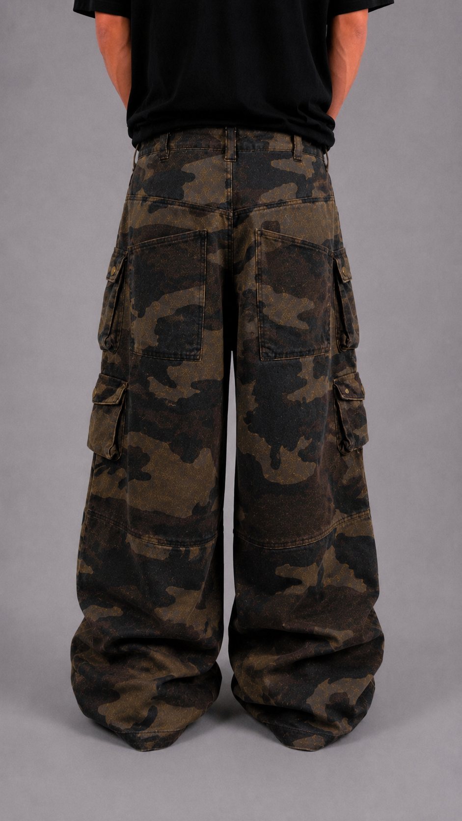 German Wasteland AW25 B*NDESWEHR Camouflage Cargo Pants back product photo showing oversized cargo pockets and wide leg silhouette