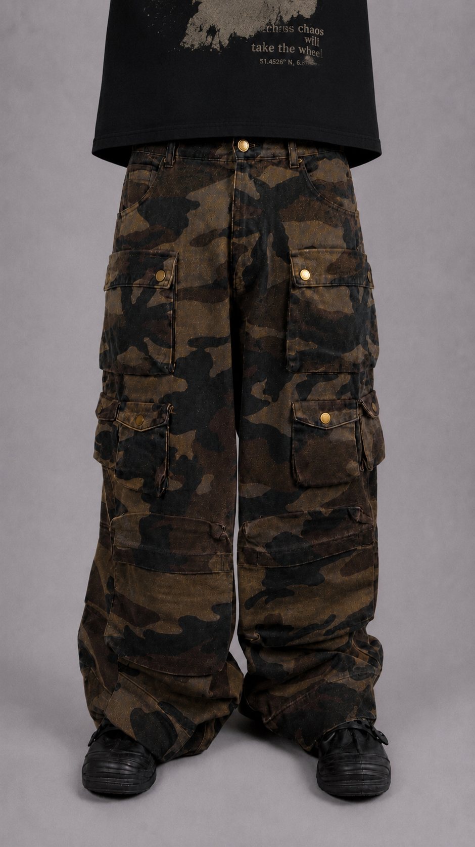 German Wasteland AW25 B*NDESWEHR Camouflage Cargo Pants front product photo with baggy fit, washed camouflage fabric and cargo pocket details